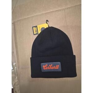 New Carhartt Men’s Knit Beanie Hat Black Dark Orange Script Logo One Size